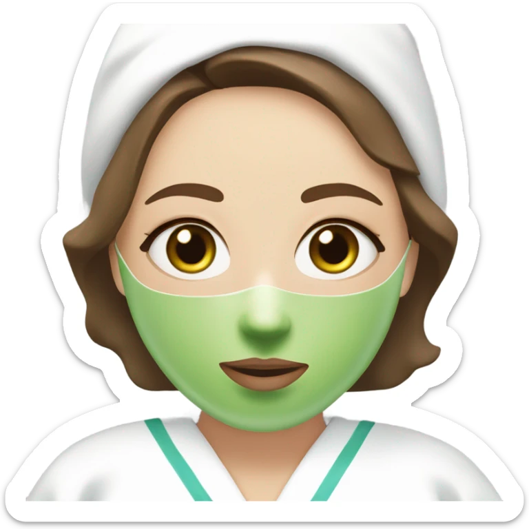 White girl with Brown hair and blue eyes wears a Green colored skincare clay textured mask and puts on cucumbers around her eyes while She relaxes in her white Robe sticker