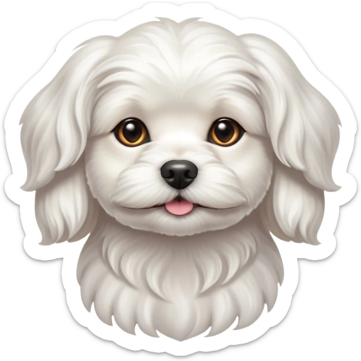 Cinematic Noble Wavy-Haired Maltese dog Portrait Emoji, Poised and regal, with a delicate, compact build and a pristine, wavy-haired white coat that cascades in gentle curls, deep-set soulful dark eyes, Simplified yet sharp and sophisticated features, highly detailed, glowing with a soft, dignified glow, high shine, intelligent and gentle, stylized with an air of refinement, focused and attentive, soft glowing outline, capturing the essence of a watchful and graceful companion, so majestic it feels as though it could prance out of the screen with effortless authority! sticker