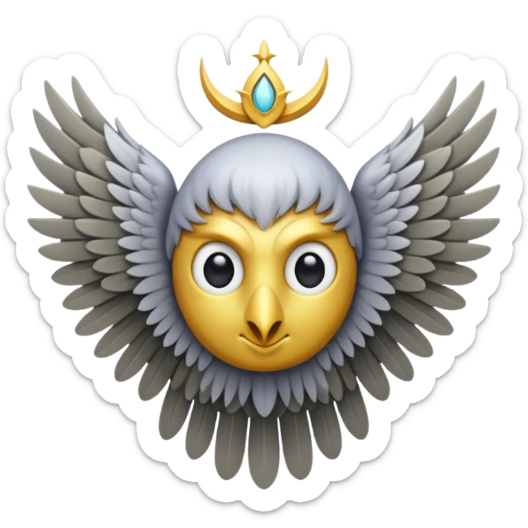 Vertical eye with six wings, A non-humanoid emoji in iOS style, shaped of six gray feathered wings, no human face, no head, no mouth or nose, only a single large eye in the center, surreal and celestial, resembling a biblical seraphim sticker