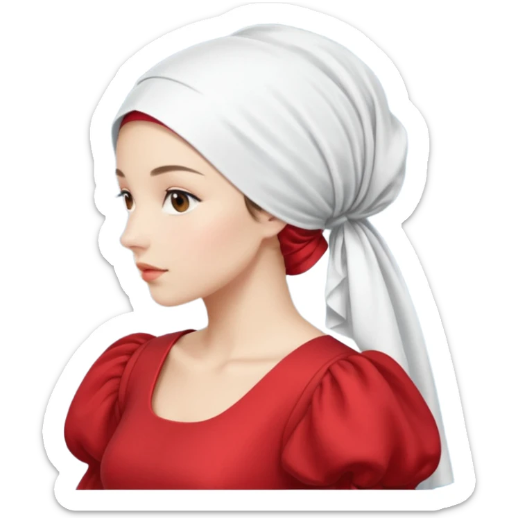 mujer de perfil con un vestido rojo de manga y falsas largas y voluptosas, y una toca blanca que cubre su cara sticker