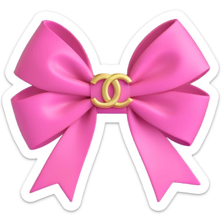 Add a gold Chanel logo to the Chanel-inspired pink bow, keep it shiny, elegant, 3D emoji style. sticker