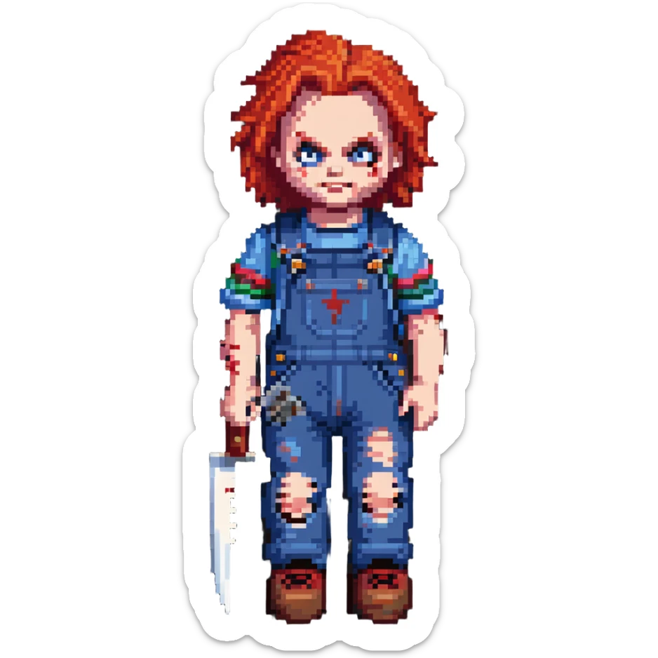 Chucky doll from Child's Play horror movie with red hair, scarred face, blue overalls and a knife sticker