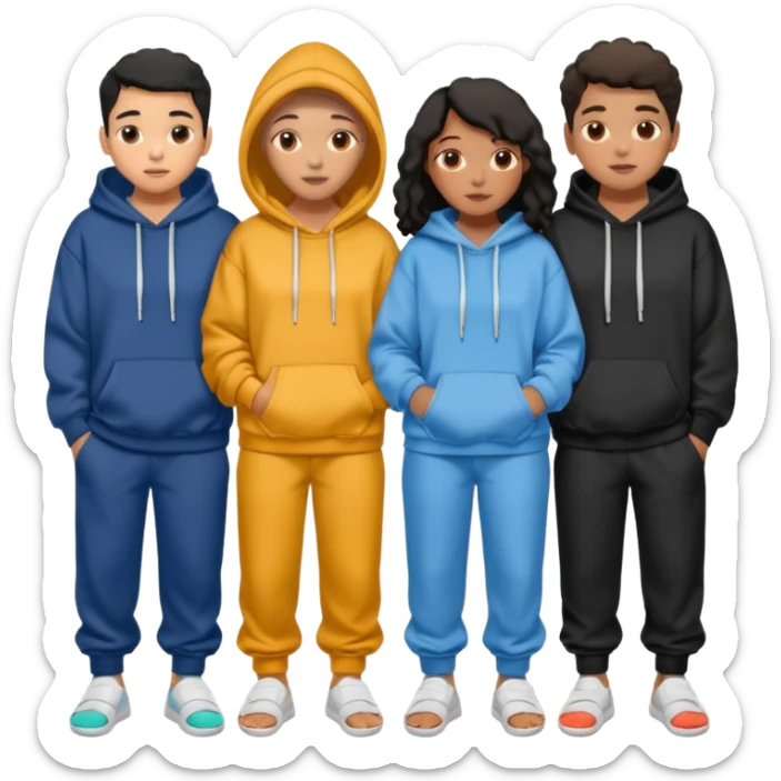 four mixed race friends all wearing oversized hoodies, sweatpants, and slides huddled together  sticker