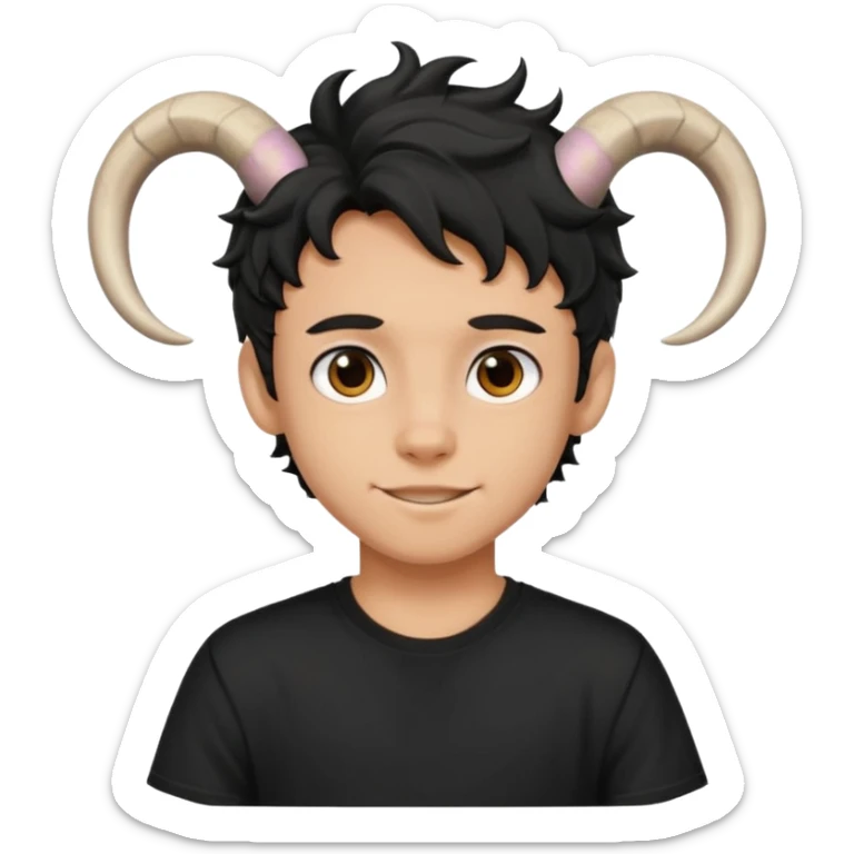 Menino de 15 anos de cabelo ondulado preto e de camiseta preta com chifres de bode sticker