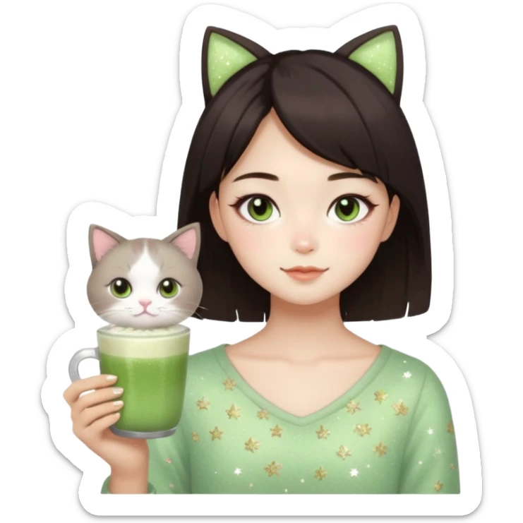 asian girl with shoart dark brown hair with a soft girl glowup aesthetic. matcha latte sparkles girly things, 2 ragdoll cats, skincare, makeup sticker
