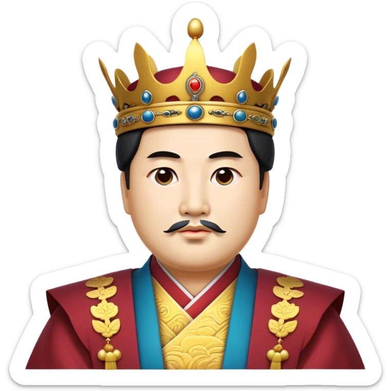 Cinematic Realistic King Sejong Portrait Emoji, depicted as a wise benevolent monarch in traditional Korean royal attire with a thoughtful gaze, rendered with intricate textures and regal soft lighting that captures his historical significance. sticker