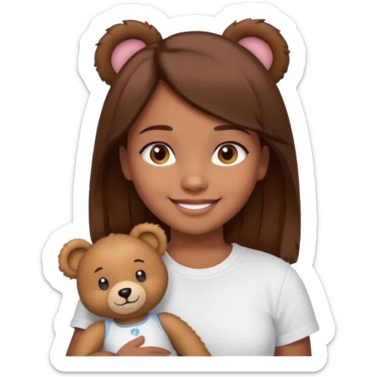 A Girl with Brown hair and Brown eyes with a t-shirt White. The t-shirt have dels a Teddy bear sticker