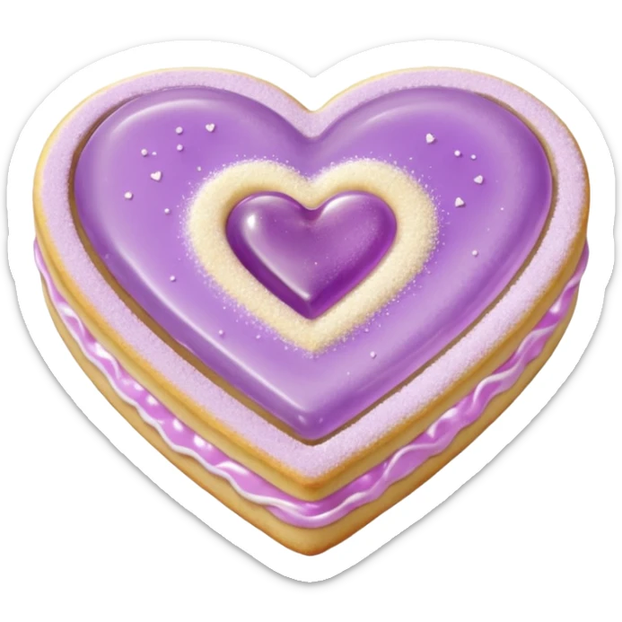 Realistic shortbread cookie in the shape of a heart with pale lilac color jelly middle filling and sprinkled powder sugar on top. sticker