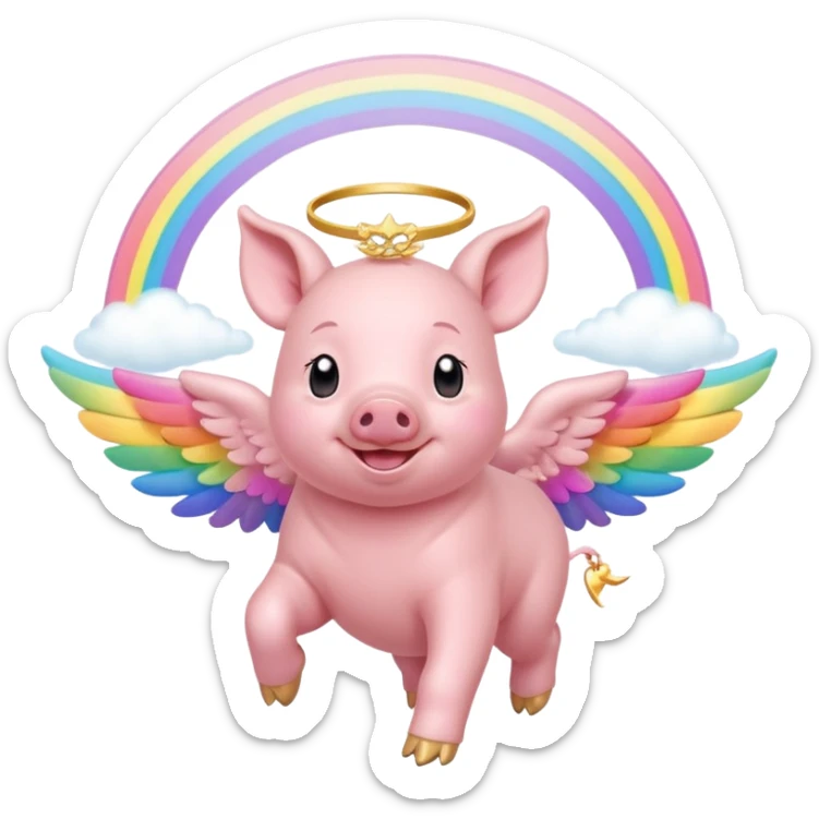 smiling piglet with angel wings and a halo, joyfully skipping across a rainbow bridge sticker