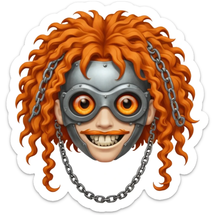 steam-punk Megadeth - iconic mascot with rusty metal eye covers and chains on his teeth, orange curly huge hair sticker