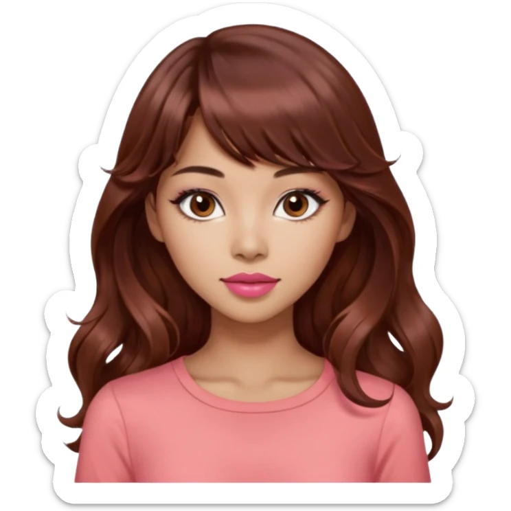 gorgeous woman, light tan skin, dark brown eyes, very long wavy auburn hair, bangs, pink top, coral lipstick, cool, model, mixed asian and latina sticker