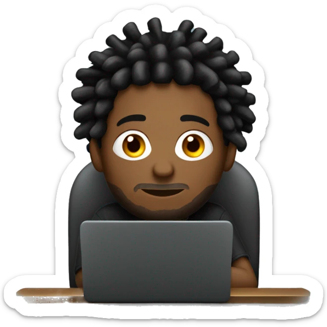 Black-guy-with-dreads-wearing-black-trackstuit-sitting-down-on-chair facing-foward-focused-on-laptop-computer- sticker