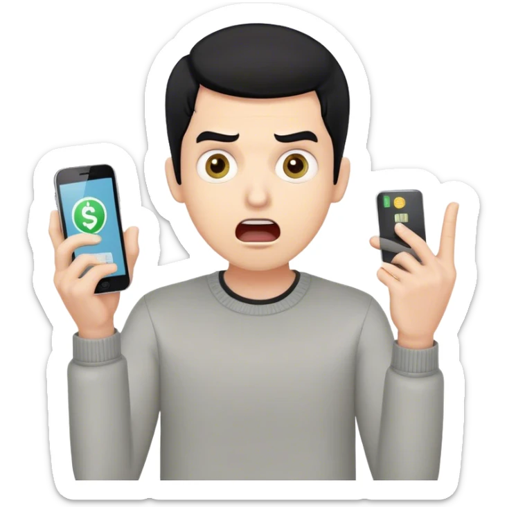 A surprised man with black hair holding a smartphone, wide eyes and open mouth, showing a banking app with a negative balance or notification of stolen money, hands in a shocked gesture, light skin tone, modern clothing, simple emoji style sticker