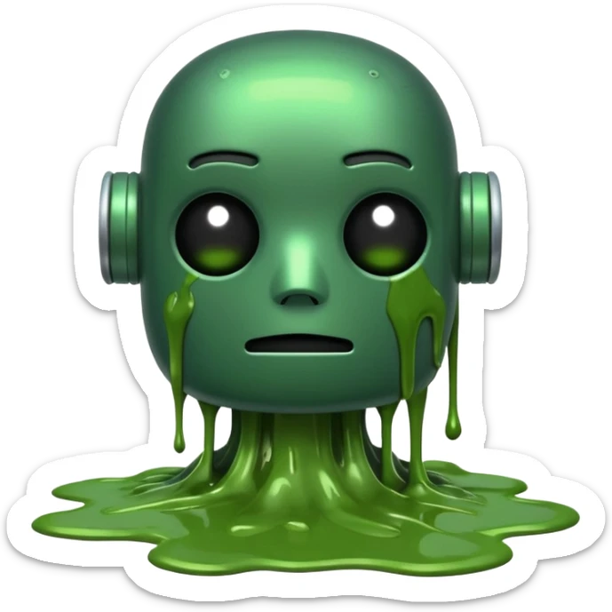 An emoji of a green robot melting away covered in thick green sludge sad and depressed  sticker
