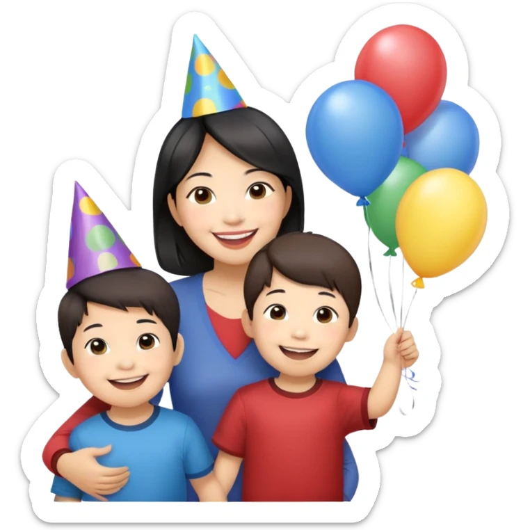 Asian American woman with two young boys 3 and 6 years old celebrating birthday  sticker
