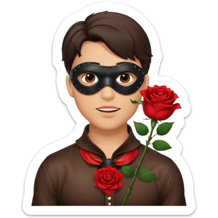 brunette young adult man with leather eye mask and leather halter neck blouse, holding rose with his mouth sticker