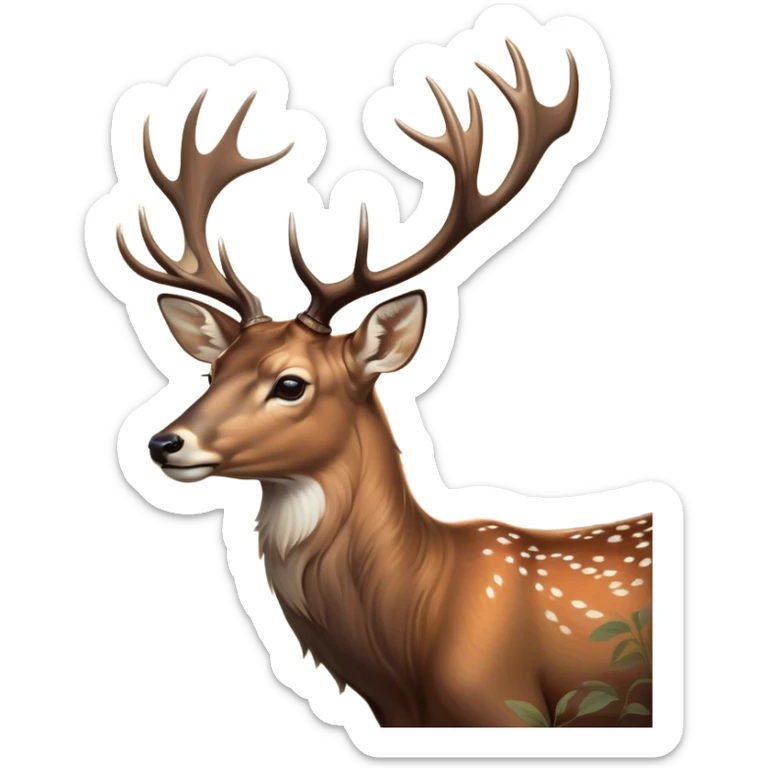 Cinematic Noble Deer Portrait Emoji, Poised and regal, with a graceful, slender build and a dappled coat of warm browns and creams, elegant antlers crowning its head, deep-set soulful gentle eyes, Simplified yet sharp and sophisticated features, highly detailed, glowing with a soft, dignified glow, high shine, intelligent and serene, stylized with an air of forest majesty, focused and attentive, soft glowing outline, capturing the essence of a watchful woodland guardian, so majestic it feels as though it could gracefully leap out of the screen with effortless authority! sticker