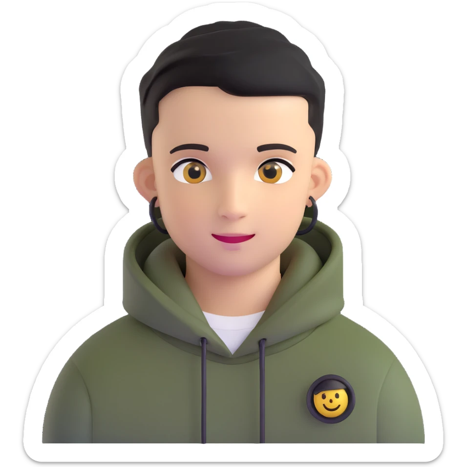 man with black military haircut, brown eyes, wearing 2 circle earrings and a black hoodie with a smiley face sticker