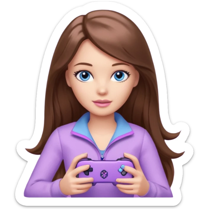 beautiful barbie girl with long brown hair, blue eyes and wearing light purple clothes playing pc games sticker
