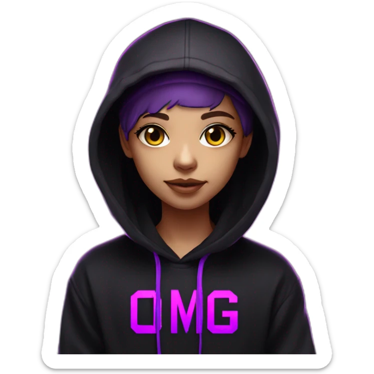 light-skin student in the black hoody with violet letters "OMG VR" on it wearing vr headset. Cyberpunk style. Violet neon. sticker