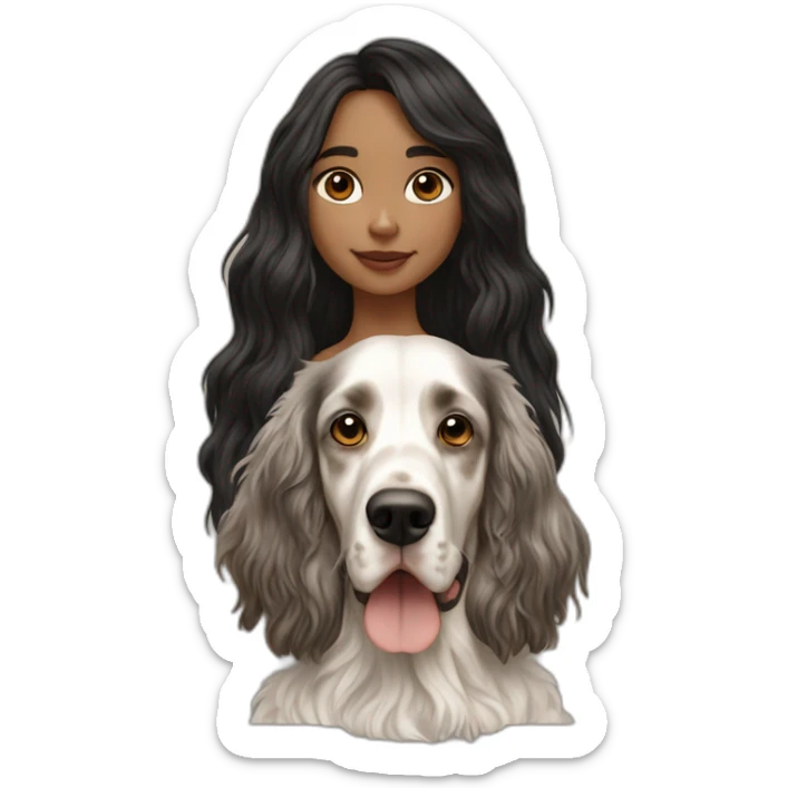 hyperrealist caucasian girl black long hair with brown english setter dog sticker