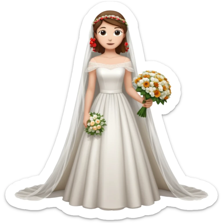 Chica blanca,cuerpo entero, vestido boda cuello barco y , pelo castaño,   1 ramo de flores , pelo recogido con velo largocola por la parte de atrás del vestido sticker