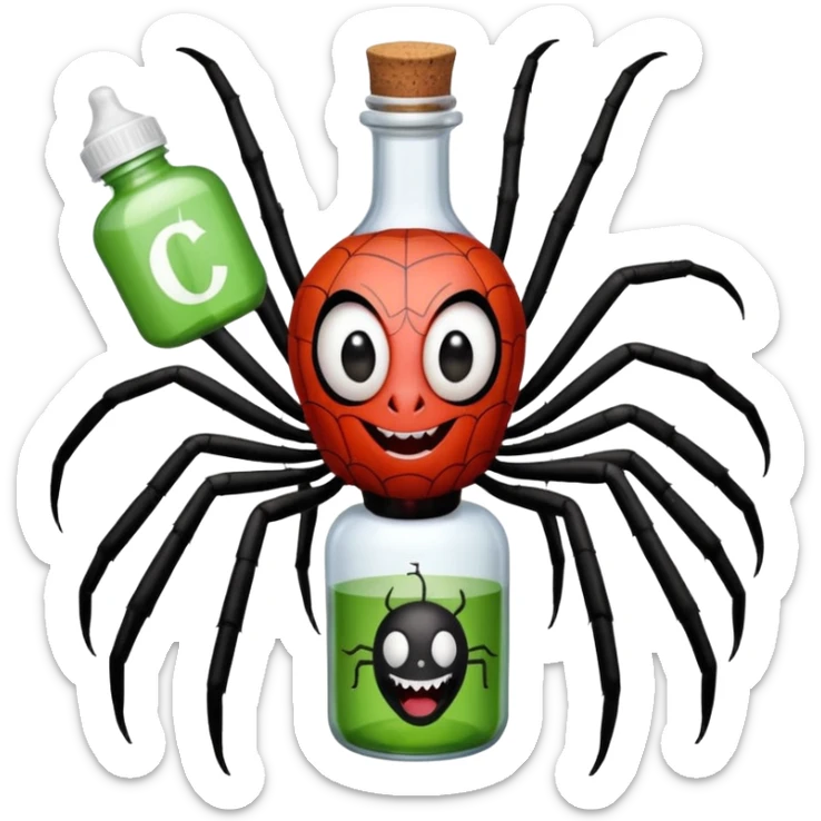 wesoły śmieszny pająk z butelka jadu i podpisem cześć sticker