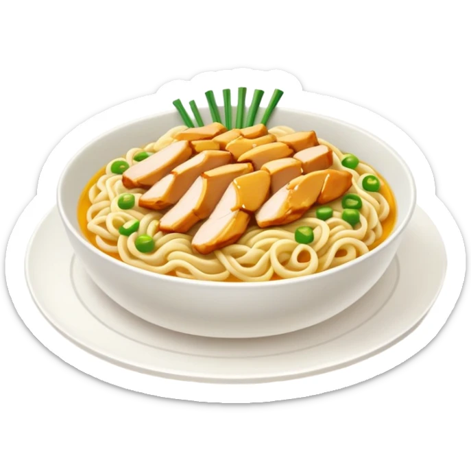 A plate of noodles with yellow sauce and chicken at the top sticker