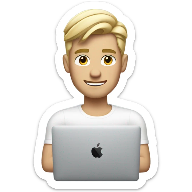 Emoji of a stylish blonde-haired man with a modern haircut, using a MacBook and wearing AirPods. Apple-style, clean design, confident expression. sticker
