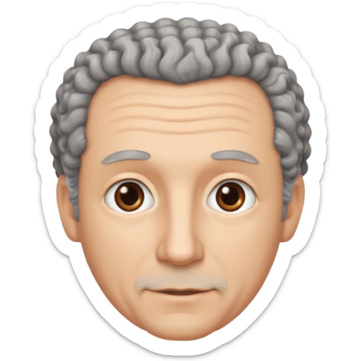 Illustrated emoji of a middle aged man with receding grey curly hair, brown eyes, white skin sticker