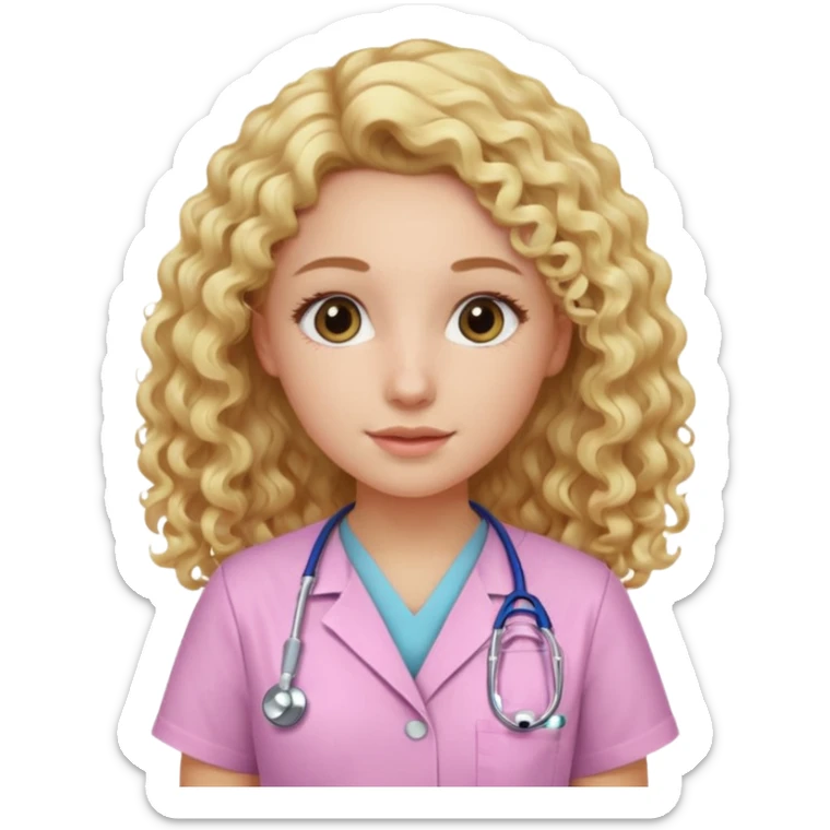 Apple-style emoji of a young woman with long, soft blonde curly hair, wearing light pink medical scrubs

 sticker