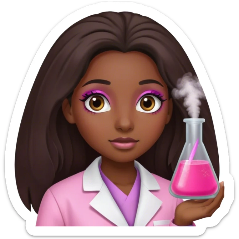 Black girl with long  hair is a scientist with pink lab coat and long eyelashes and has makeup on with short eyes sticker
