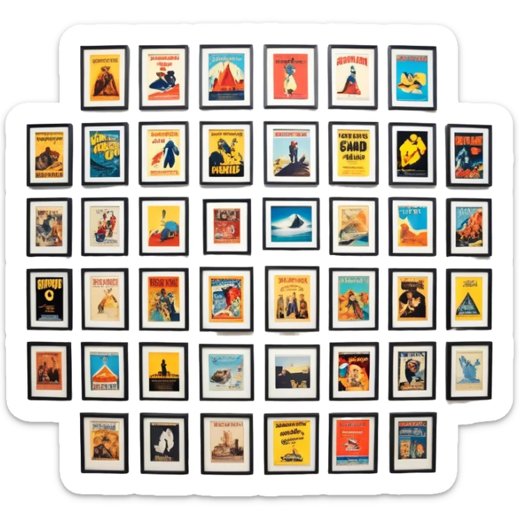 Icon for Photograph and Poster Collecting: a collection of photographs and movie posters, neatly displayed on a wall or in frames. The icon should evoke the nostalgia and artistic value of collecting rare images and posters. Transparent background. sticker