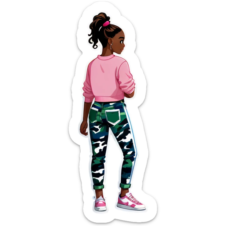 Black girl with ponytail wearing pink crop sweater with blue camo jeans and white shoes hugging black boy wearing white tank top and green pants sticker