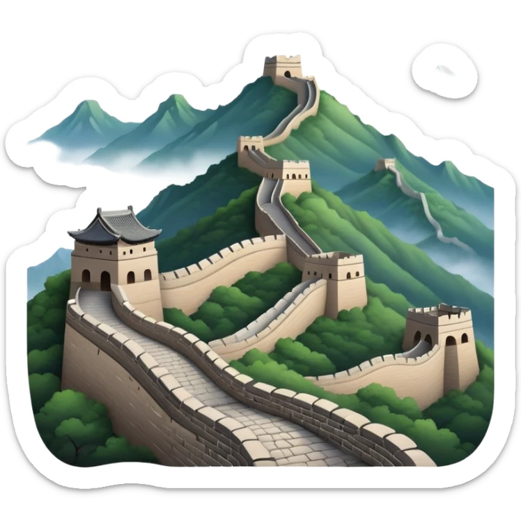 Great Wall of China, winding mountain silhouette, simplified emoji design sticker