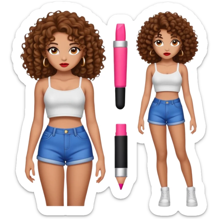Full body teenage girl with curly brown hair, heavy makeup, big lips, crop top and choni style clothing sticker