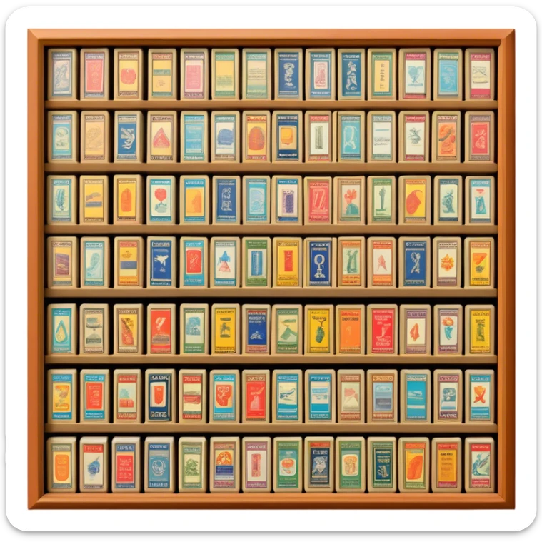 Icon for Matchbox Collecting: a collection of vintage and colorful matchboxes from different places, neatly displayed in a row or in a display case. The icon should reflect the uniqueness and diversity of matchbox collecting. Transparent background. sticker