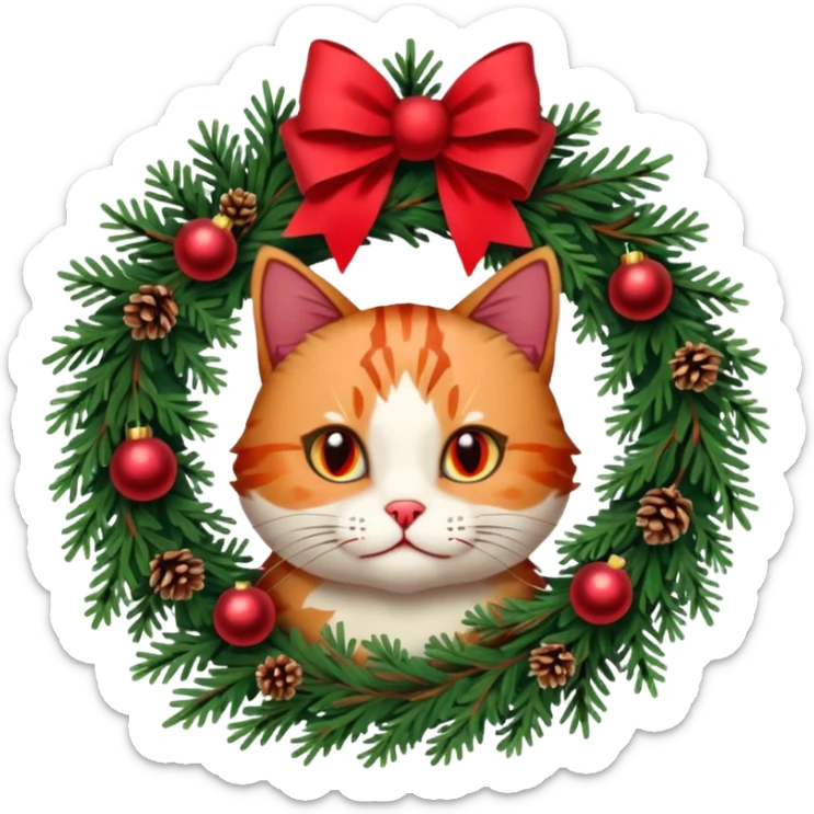 A Christmas wreath made entirely of fir trees, decorated with a red bow at the bottom, pine cones and Christmas tree balls, and a cat poking its face through the hole in the center. sticker