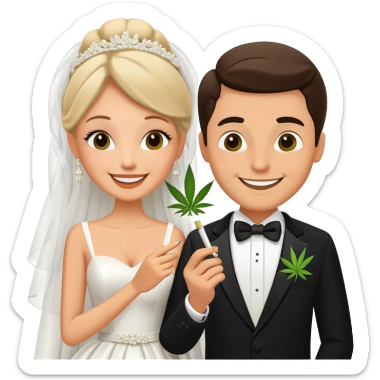 Bride in white dress and groom in tuxedo sharing a cannabis joint, cheerful cartoon wedding couple sticker
