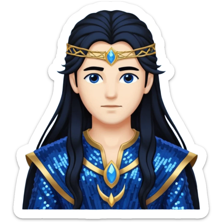 Zephyr, God of West Wind from Gods and Goddesses with long jet black hair, dark blue sequin outfit sticker