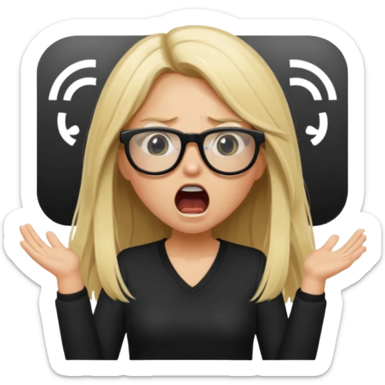 blonde girl with long hair, white glasses, black clothes, shouting bad words sticker