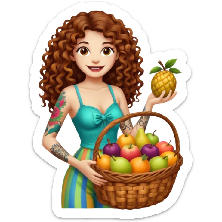 full body woman long curly brown hair brown eyes white skin tattoos holding basket of psychedelic fruits, teasing smile sticker