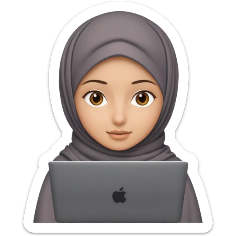 A girl wearing a gray hijab and with hazel eyes is carrying a laptop, not a laptop, just a regular laptop. sticker
