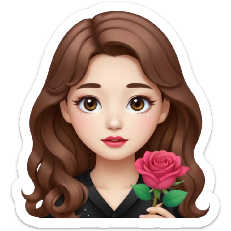 “korean brown hair Emoji girl, soft eyeliner, gradient rose lips, light brown shimmer eyeshadow, sparkly aegyo-sal, long wavy hair,  sticker