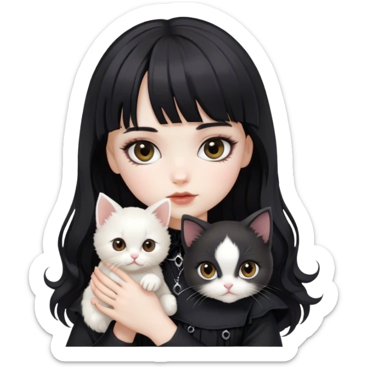 a pale white doll girl with medium wavy black hair and bangs with brown eyes wearing black gothic clothes with a white kitten  sticker