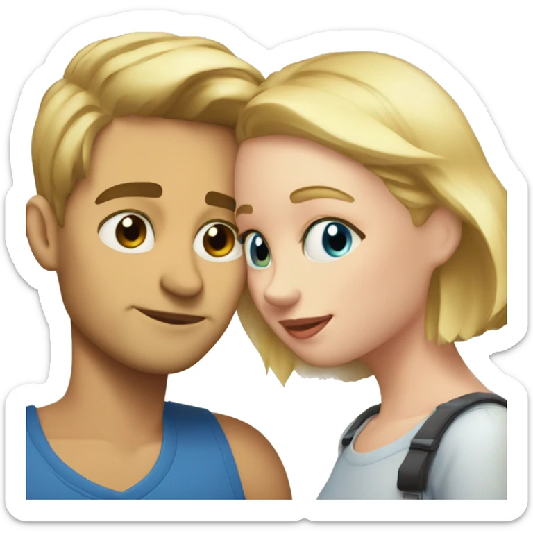 A guy with short blonde hair and blue eyes kisses a girl on the cheek with shoulder-length hair and closed eyes sticker