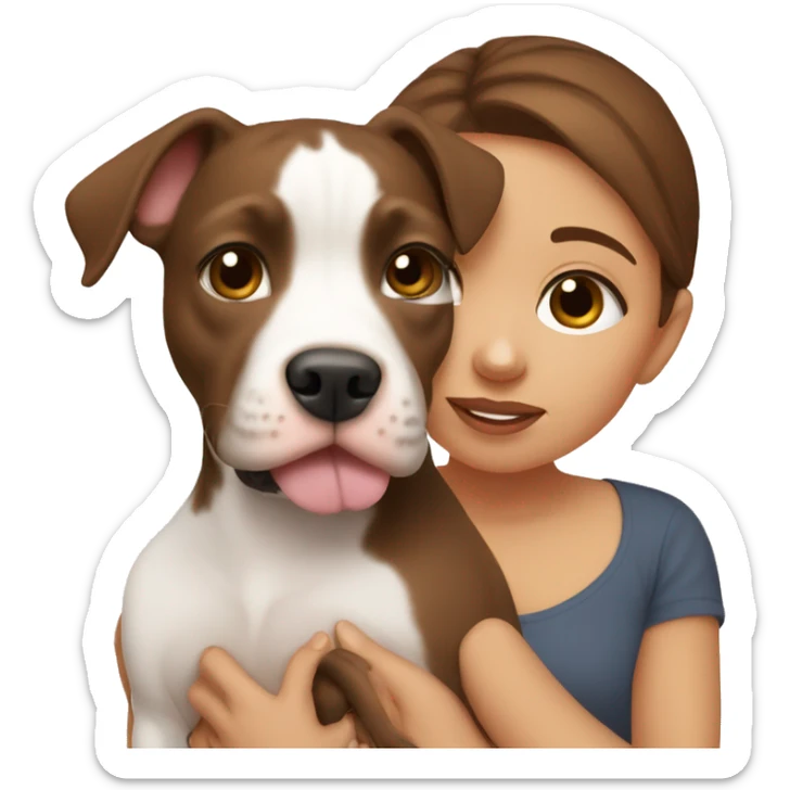 girl with brown hair holding pitbull puppy close to her face sticker