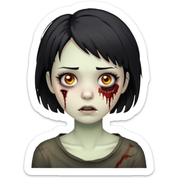 Zombie girl with messy black short hair with lashes and torn cheek and calm face sticker