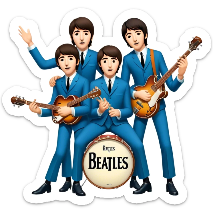 Cinematic Realistic The Beatles Group Emoji, depicted as an iconic band of four exuding playful charisma and musical genius with retro instruments and vibrant expressions, rendered with rich textures and nostalgic dynamic lighting that captures their legendary impact on pop culture. sticker