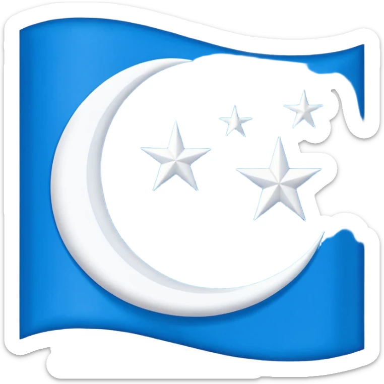flag of East Turkistan, blue background, white crescent moon and star, paper craft style sticker